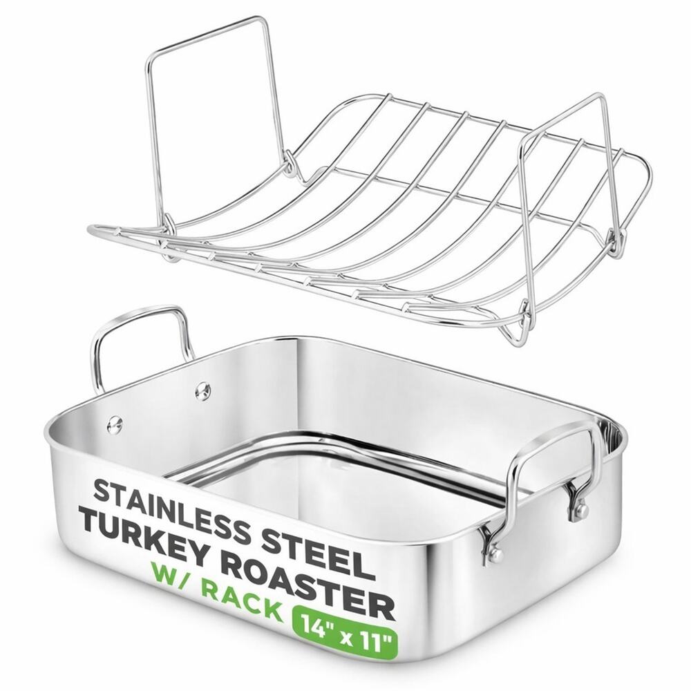 NutriChef Stainless Steel Roasting Pan 14" x 11" Turkey Roaster Pan and Rack
